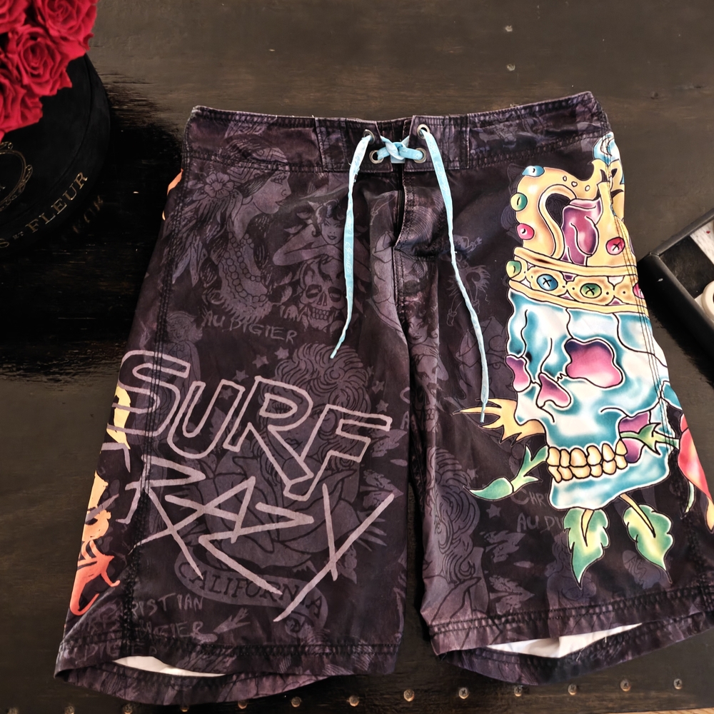 Ed Hardy Black Multicolor Skull Board Shorts
